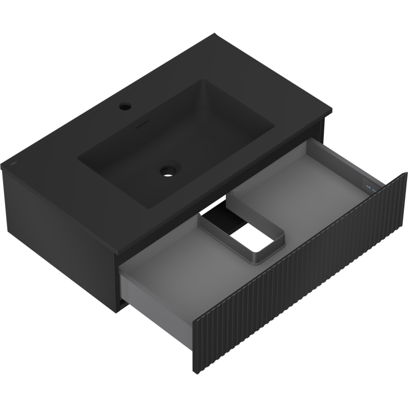 Baderomsskap med vask 80 cm Mexen Rivel Otis i svart matt med åpen skuff og riflede fronter.