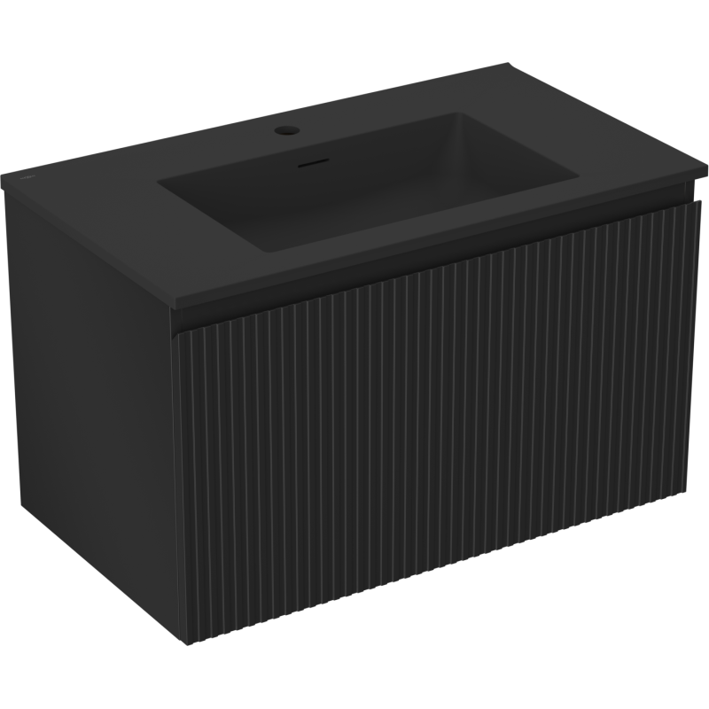Servantskap med vask 80 cm i svart matt med én skuff og vertikale riller, sett fra skrå front.