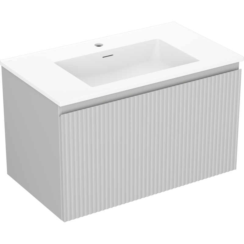 Servantskap med vask 80 cm grå matt, rektangulær hvit servant og rillet front, sett fra vinkel.