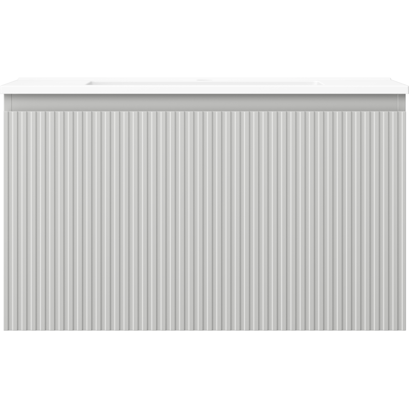 Servant med skap 80 cm grå matt, frontpanel med vertikale riller, sett rett forfra.