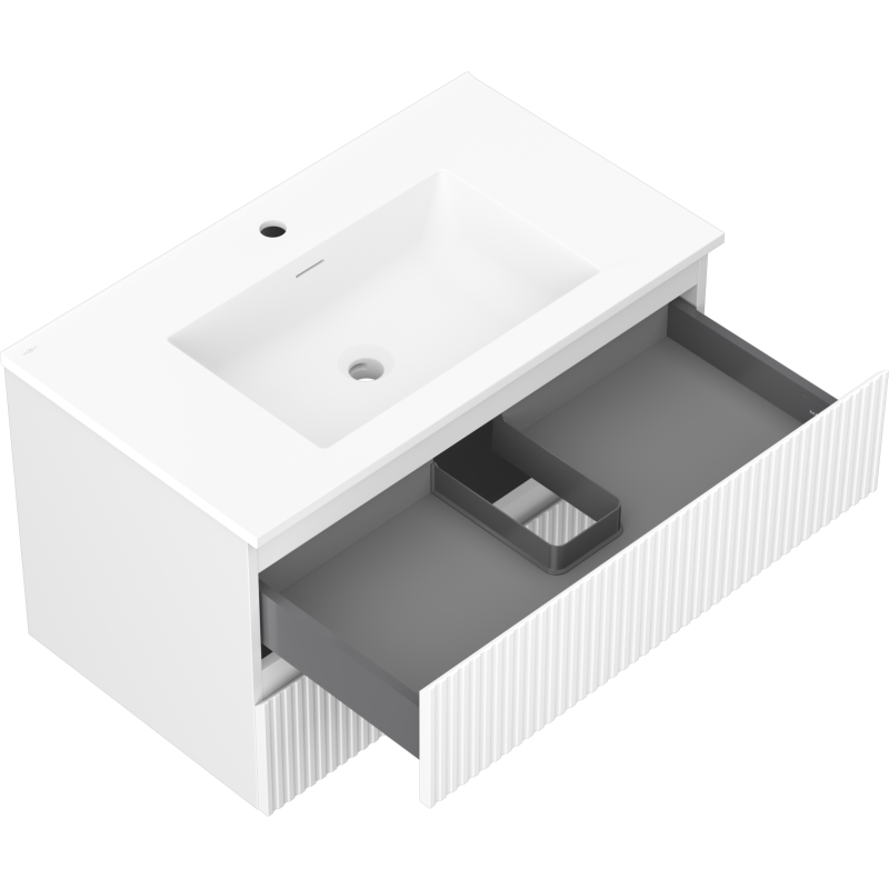 Baderomsskap med vask 80 cm Mexen Rivel, hvit matt, åpen skuff med grå inndeling og rillede fronter.