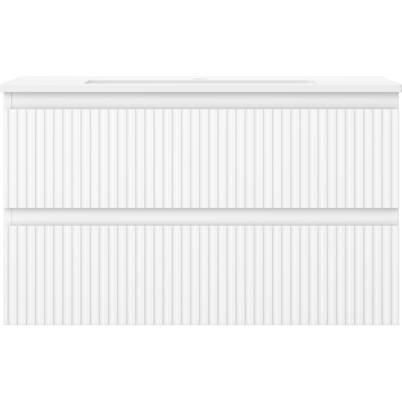 Servant med skap i hvit matt utførelse med rillet front og to skuffer uten håndtak, sett forfra.