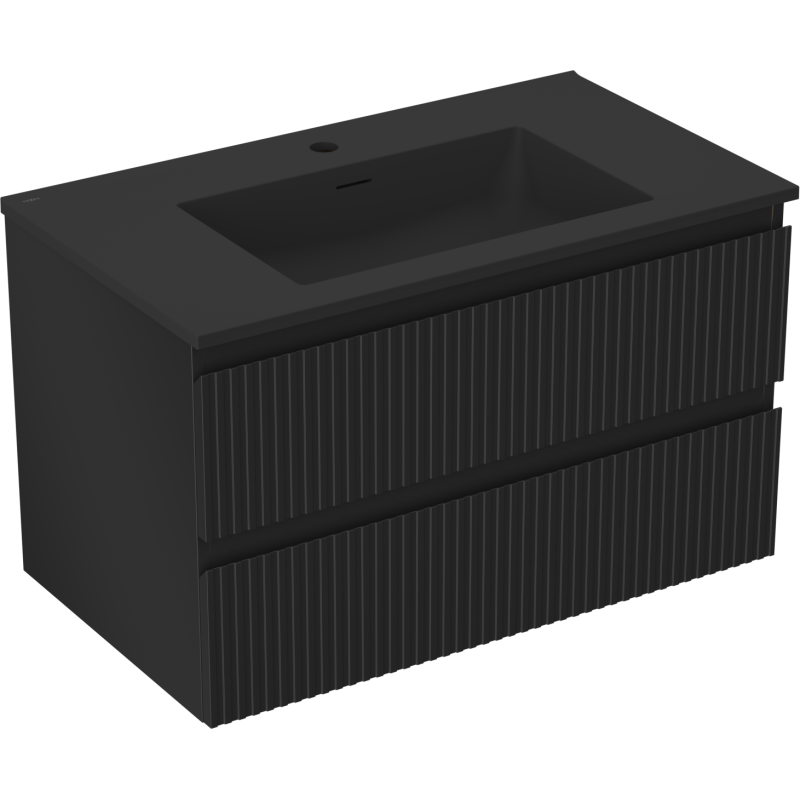 Servantskap med vask 80 cm svart matt med riflede fronter og to skuffer, sett skrått forfra.
