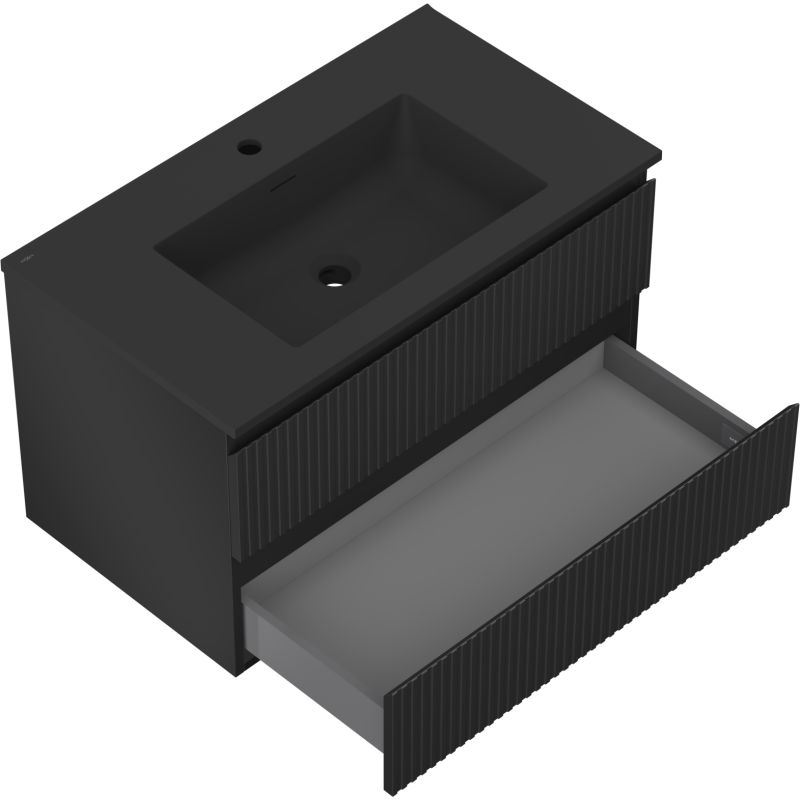 Baderomsskap med servant i svart matt med to skuffer og vertikale riller, sett i vinkel ovenfra.