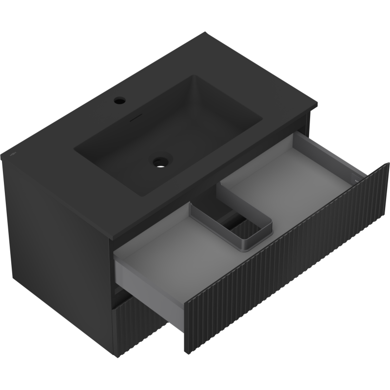Baderomsskap med vask 80 cm svart matt, åpen øvre skuff med organiseringsrom, sett skrått ovenfra.