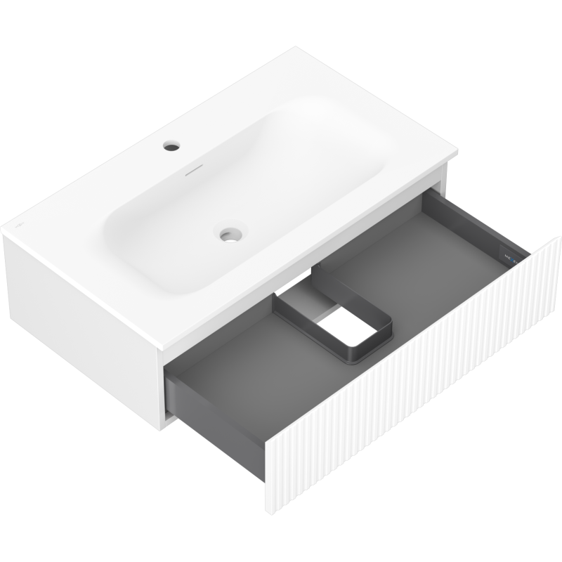Baderomsskap med vask 80 cm hvit matt Mexen Rivel Vela med åpen grå riflet skuff og utsparing for rør.