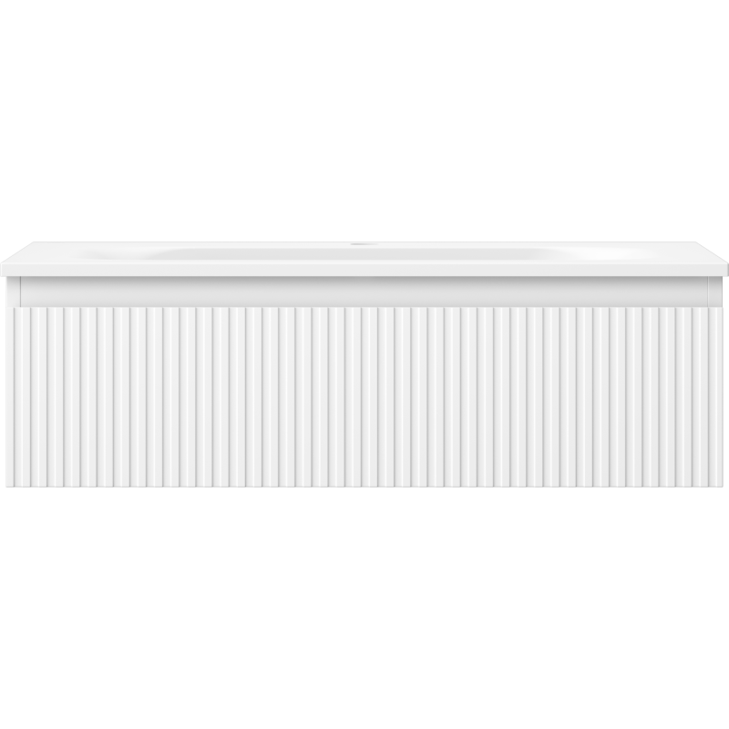 Servant med skap 80 cm hvit matt med vertikale riller og enkel toppkant, sett rett forfra.