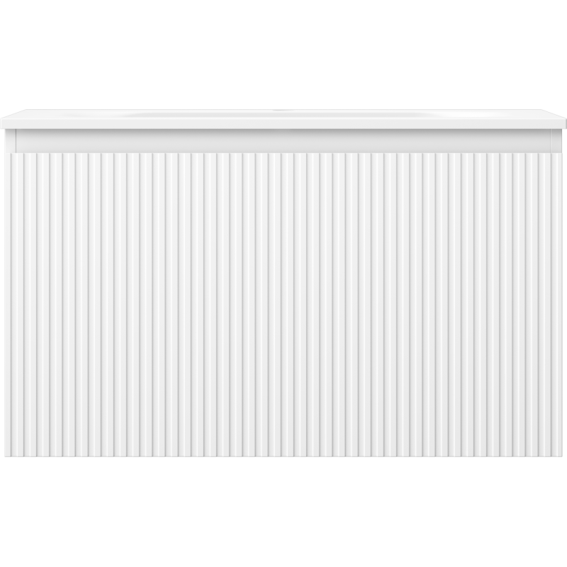 Servant med skap 80 cm hvit matt med vertikale riller og glatt topplist sett forfra.