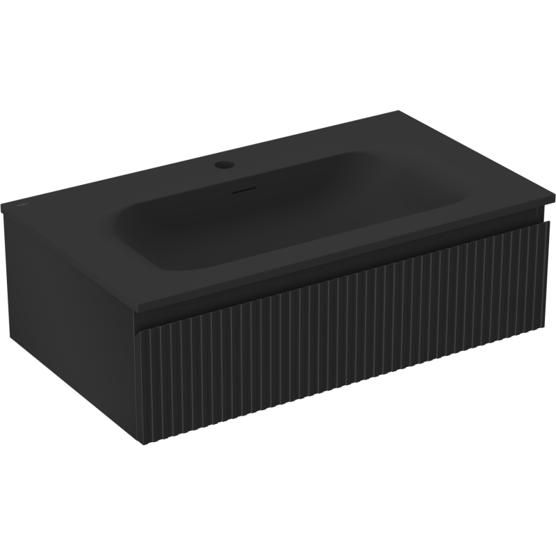 Servantskap med vask 80 cm i matt svart med rektangulær form og vertikale riller på skuffefronten.