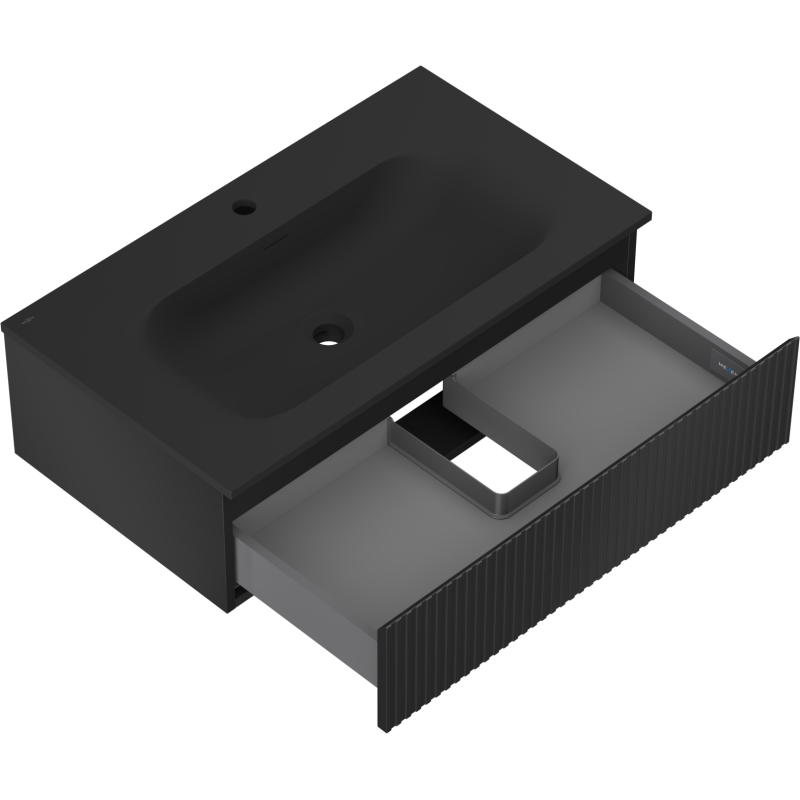 Baderomsskap med vask 80 cm svart matt med én uttrekt skuff og vertikale riller på fronten.