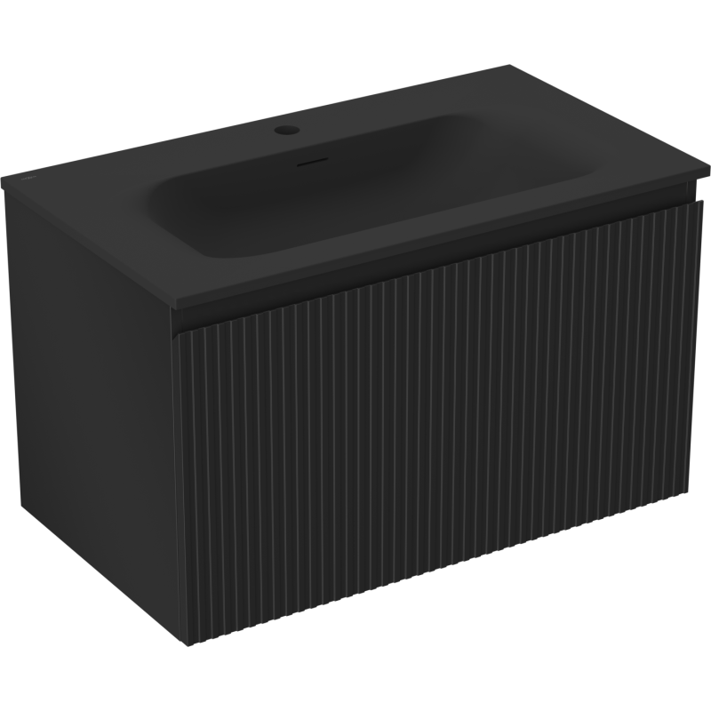 Servantskap med vask 80 cm svart matt Mexen Rivel med vertikale riller, sett i vinkel forfra.