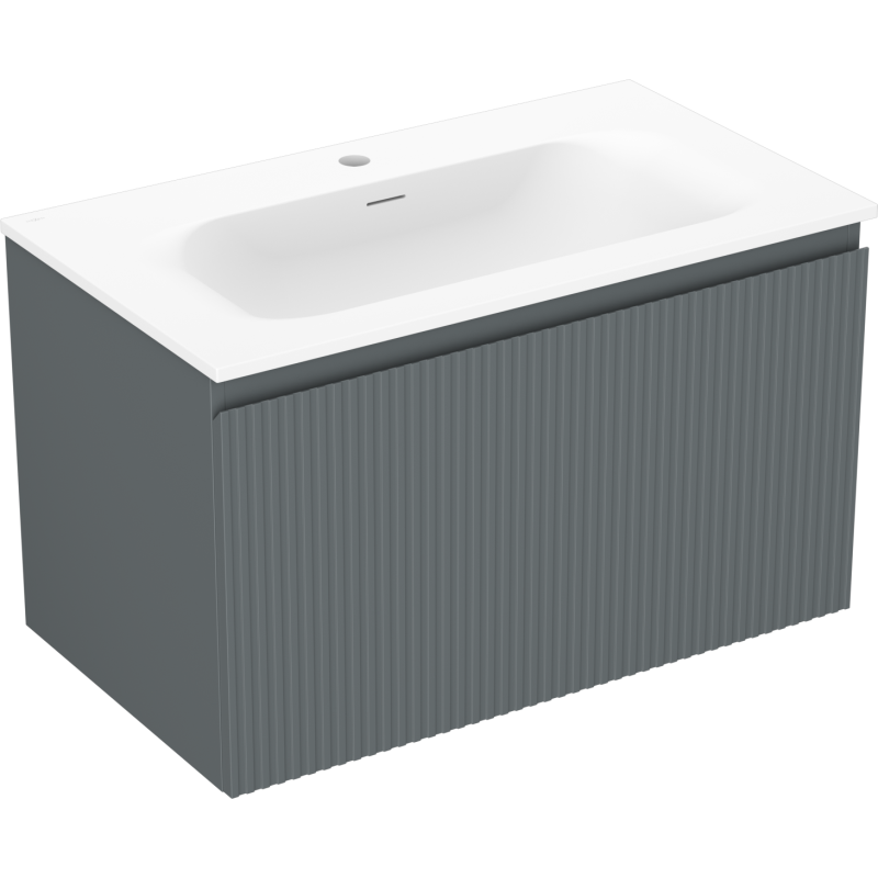 Servantskap med vask 80 cm Mexen Rivel grafitt matt med riflede fronter, sett fra skrå vinkel.