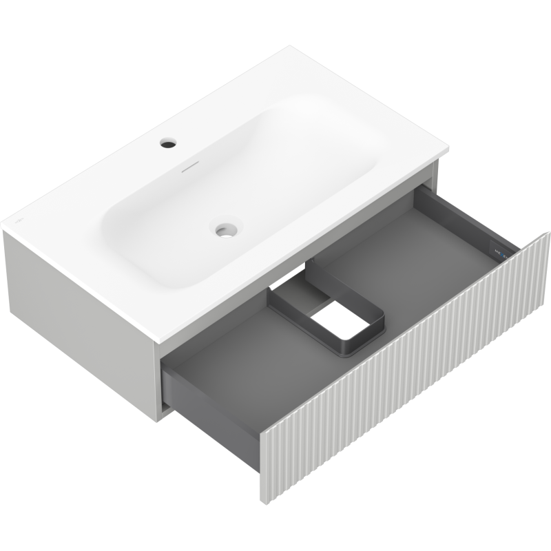 Baderomsskap med vask 80 cm Mexen Rivel Vela med grå riflet skuff trukket ut, sett skrått ovenfra.
