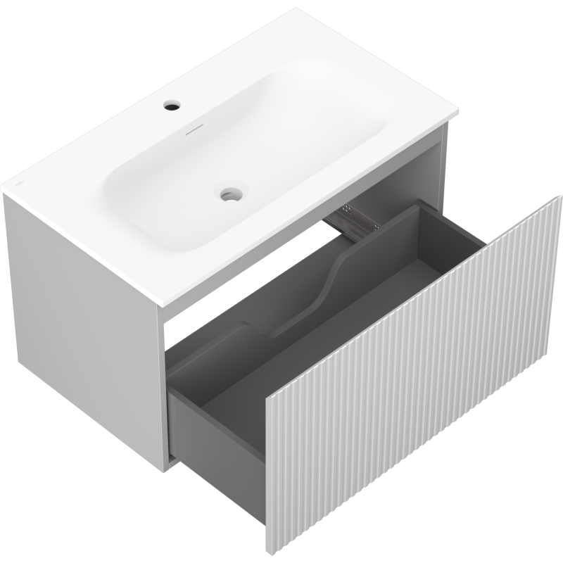 Baderomsskap med vask 80 cm Mexen Rivel, skuff trukket ut, grå/blå matt front med vertikale riller.