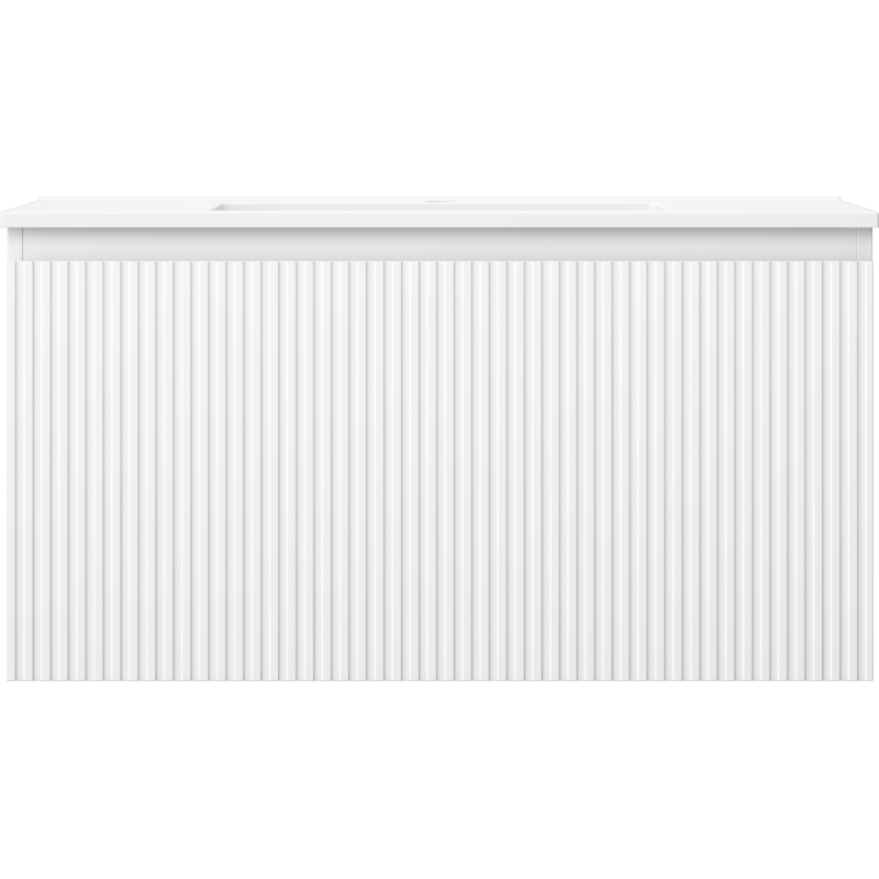 Servant med skap i hvit utførelse med vertikale riller og moderne, jevn overflate sett forfra.