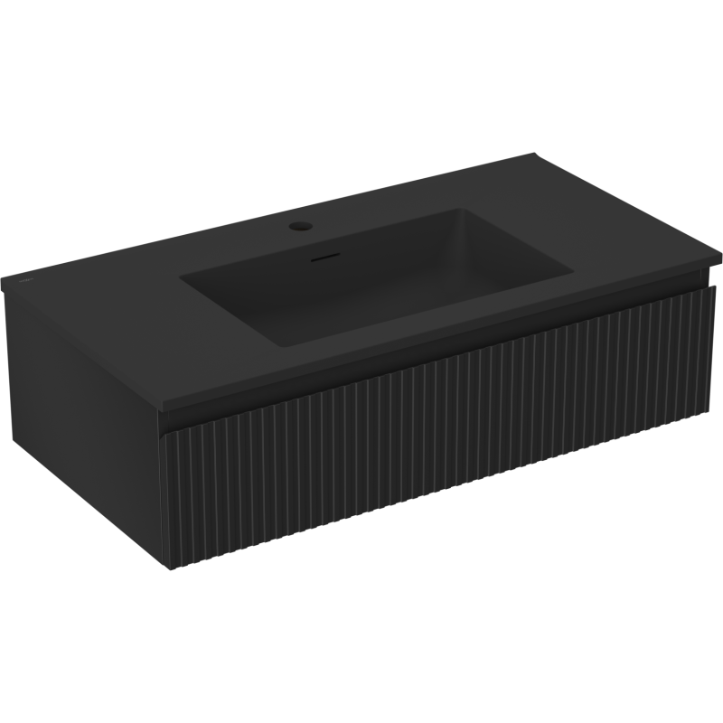 Servantskap med vask 90 cm svart matt med vertikale riller og integrert rektangulær vask.