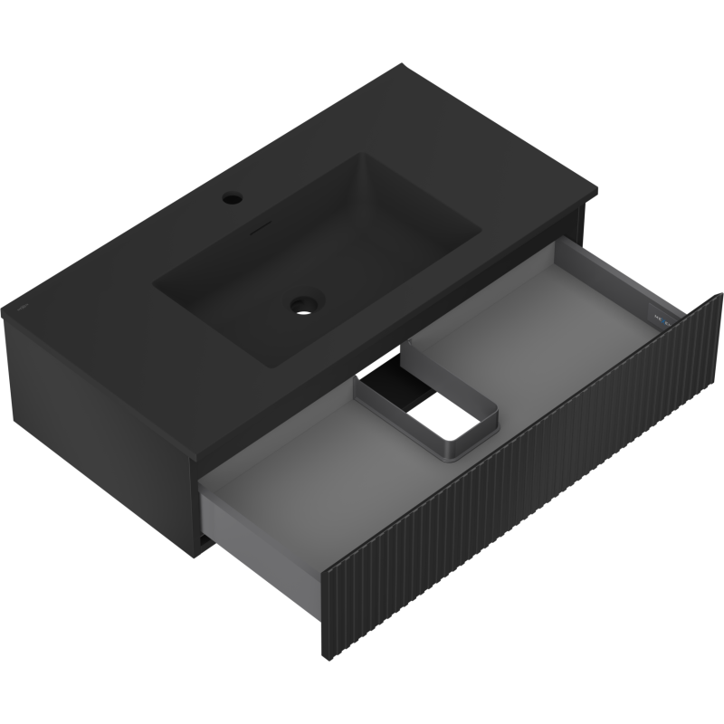 Baderomsskap med vask 90 cm svart matt, åpen skuff med utsparing og riflet frontpanel, sett ovenfra.