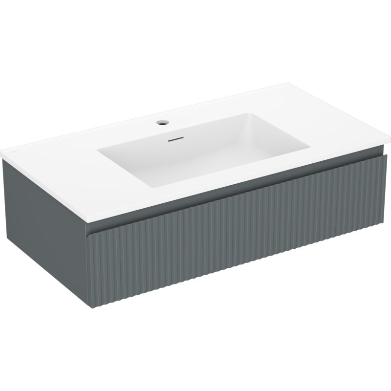 Servantskap med vask 90 cm grafitt matt og hvit matt med riflet front sett skrått forfra.