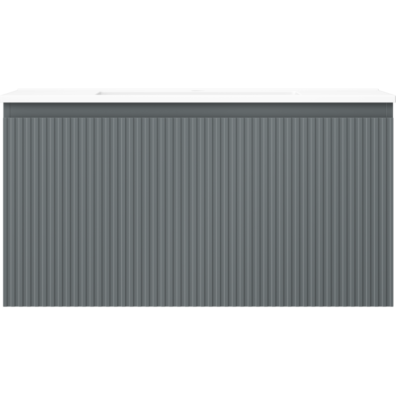 Servant med skap i grafitt matt med vertikale riller og hvit topp, sett rett forfra.