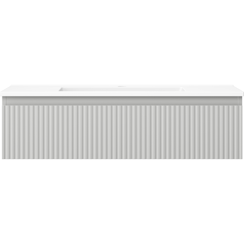 Servant med skap i hvit matt utførelse med lysegrå rillefront, sett rett forfra.