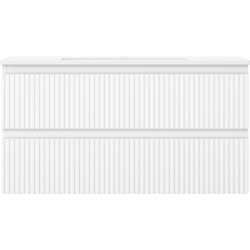 Servant med skap 90 cm hvit matt Mexen Rivel Otis med to skuffer og vertikale riller, sett forfra.