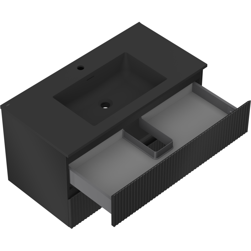 Baderomsskap med vask Mexen Rivel 90 cm i svart matt, åpen skuff med oppbevaringsboks vises.