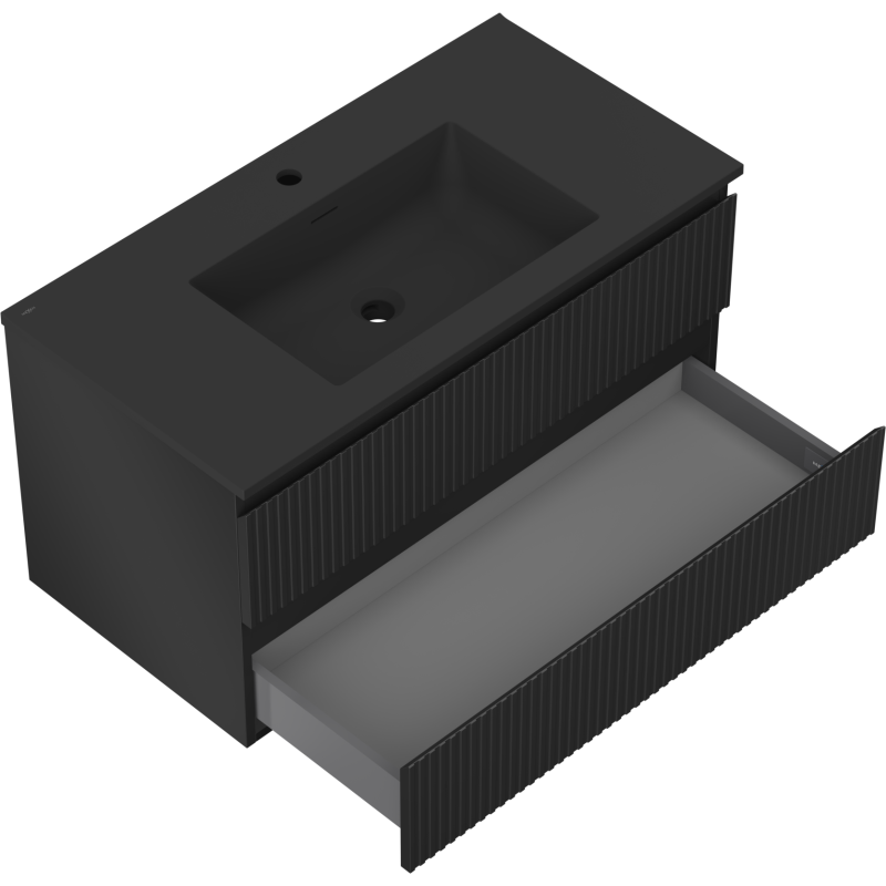 Baderomsskap med servant Mexen Rivel 90 cm i svart matt med åpen, stor riflet skuff sett skrått ovenfra.