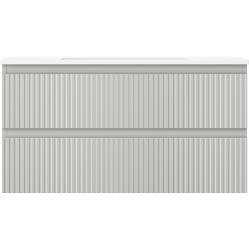 Servant med skap i grå matt utførelse med to skuffer og vertikale riller, sett forfra.