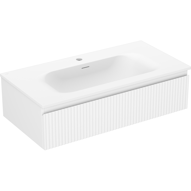 Servantskap med vask 90 cm hvit matt Mexen Rivel Vela med vertikale riller, sett fra skrått topp-front.
