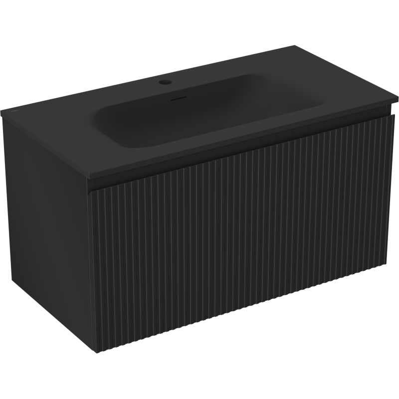 Servantskap med vask 90 cm svart matt Mexen Rivel med riflet front, sett fra skrå vinkel.