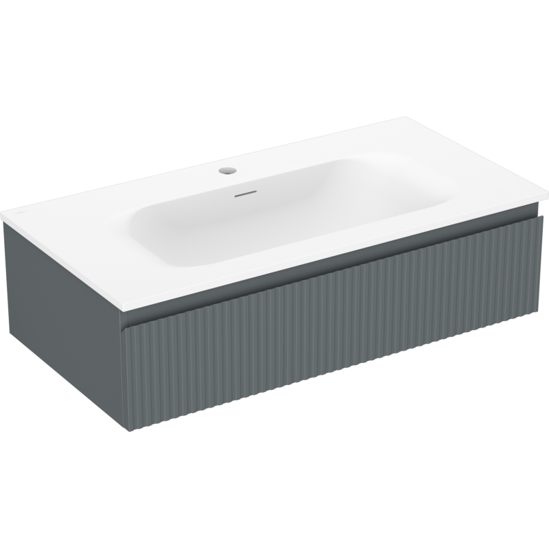 Servantskap med vask 90 cm grafitt matt med hvit avrundet servant og grått underskap med vertikale riller.