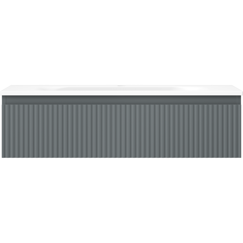 Servant med skap i grafitt matt med vertikale riller og hvit toppflate, sett rett forfra.