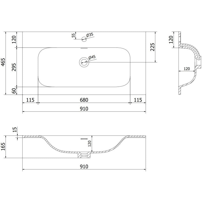 Servant med skap teknisk tegning av Mexen Rivel 90 cm med mål, åpninger og avrundede hjørner.