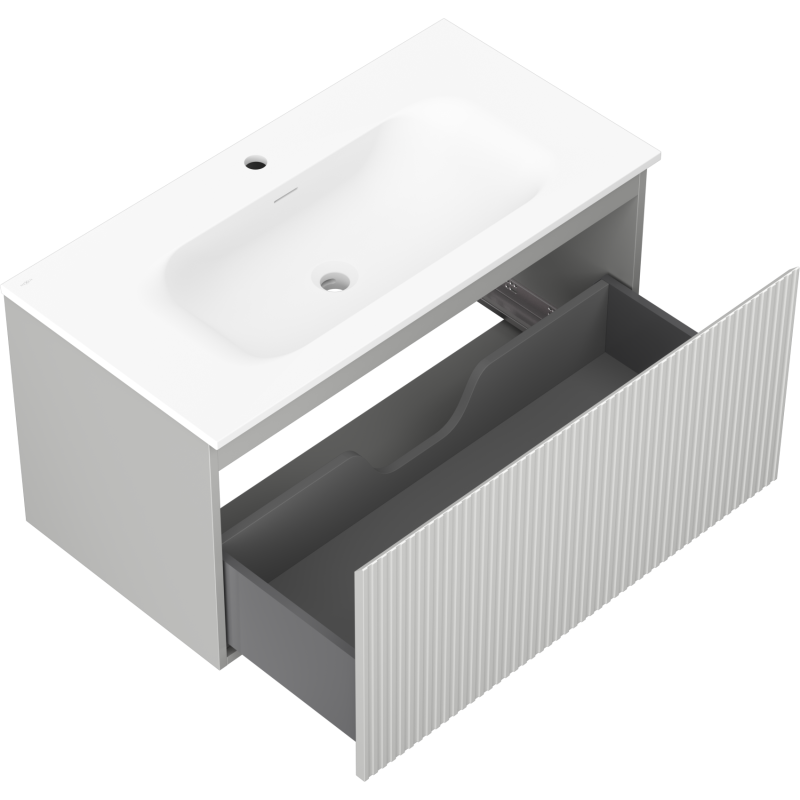 Baderomsskap med vask 90 cm Mexen Rivel i grå og hvit, skuff med bølget front trukket ut.