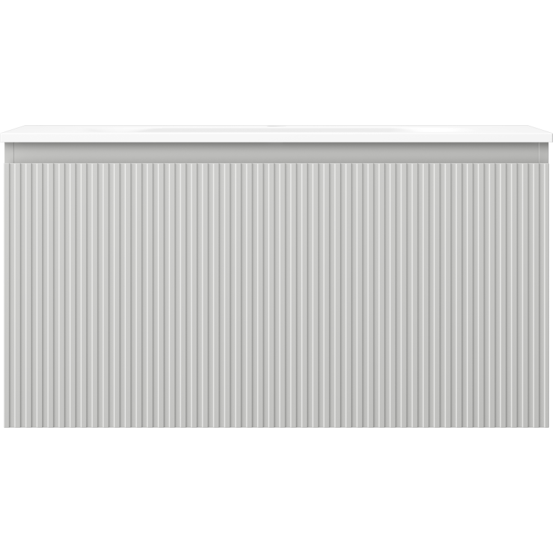 Servant med skap 90 cm Mexen Rivel i hvit med vertikale riller og sorte kanter, sett forfra.