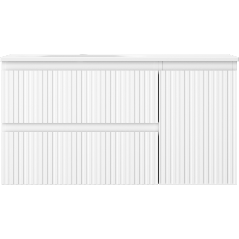 Servant med skap Mexen Rivel Vela venstre 90 cm i hvit med vertikale riller, sett forfra.