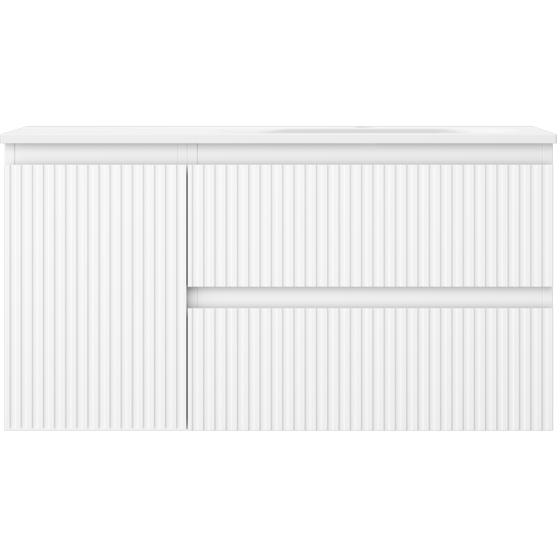 Servant med skap i hvit matt Mexen Rivel Vela, to skyvedører med vertikale riller, minimalistisk design.