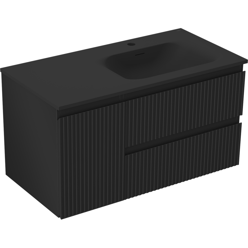 Servantskap med vask 90 cm svart matt Mexen Rivel Vela med to skuffer og moderne rilledesign.