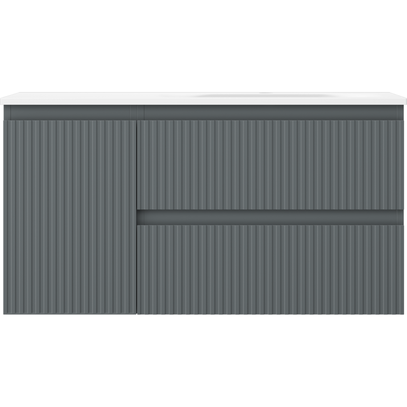 Servant med skap i grafitt med vertikale riller, hvit topp og integrerte håndtak, sett forfra.