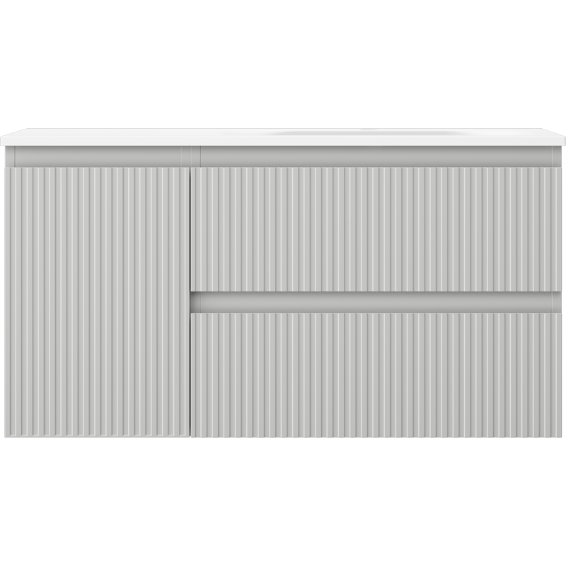 Servant med skap i grå matt finish med vertikale riller og integrerte håndtak, sett forfra.