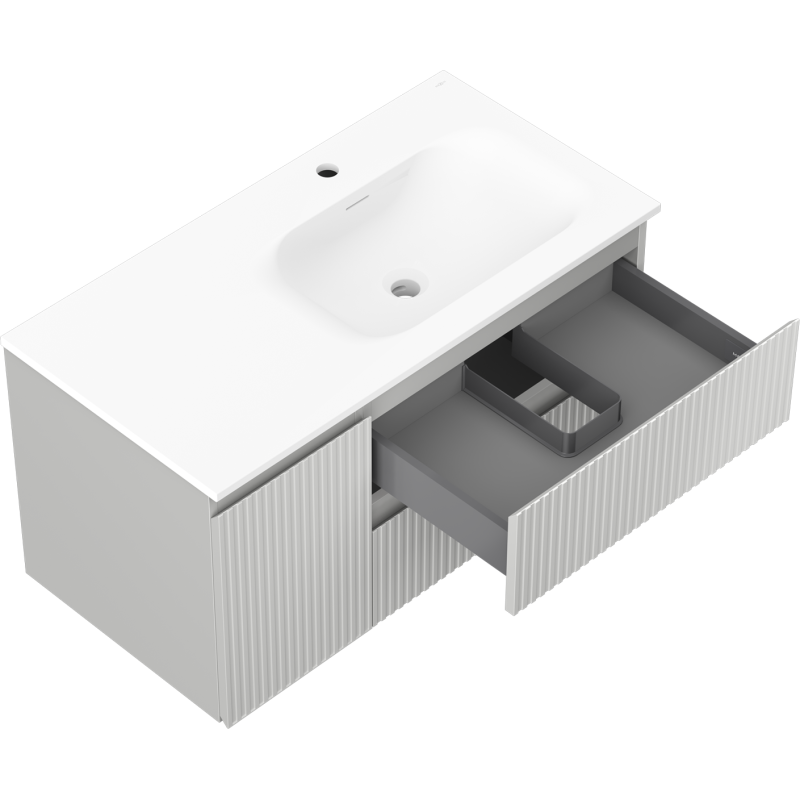 Baderomsskap med vask Mexen Rivel 90 cm, sett ovenfra med åpen skuff og grått organiseringsrom.