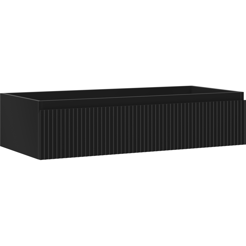 Servantskap 100 cm svart matt med én skuff og riflet front, vist fra skrå vinkel.