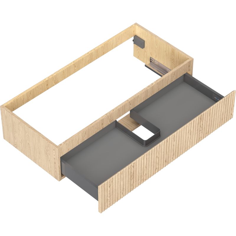 Servantskap uten vask i lyst eik med riflet front og grå innmat, vist skrått ovenfra.