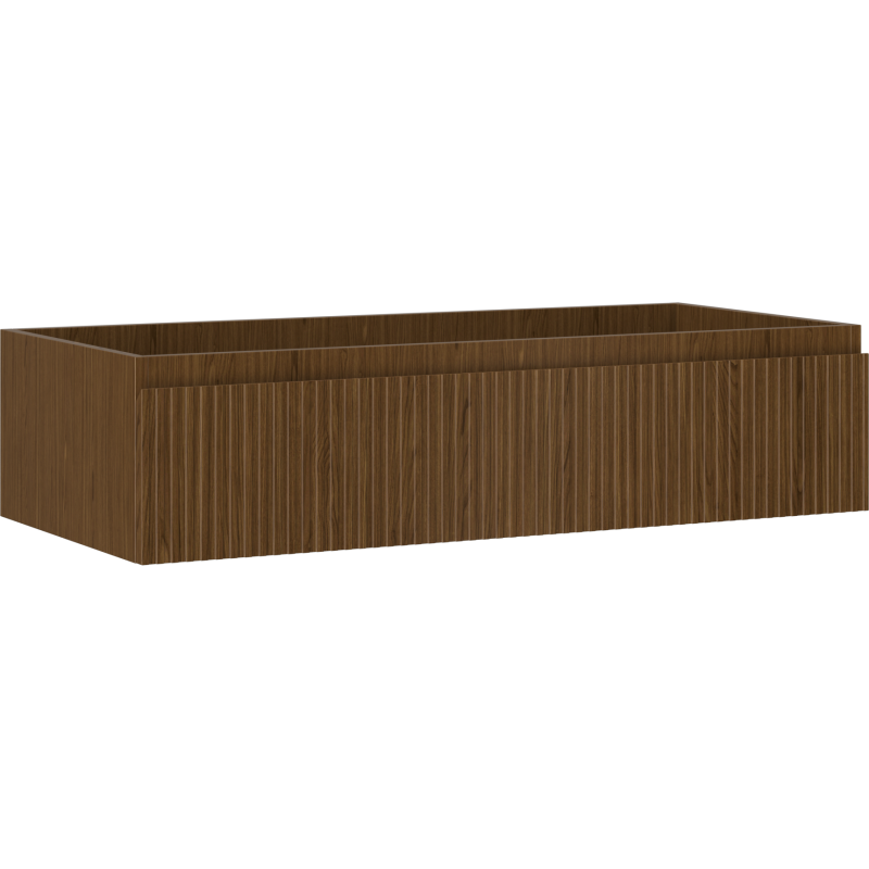 Servantskap 100 cm i valnøtt med riflet front og én skuff, sett fra skrå vinkel.