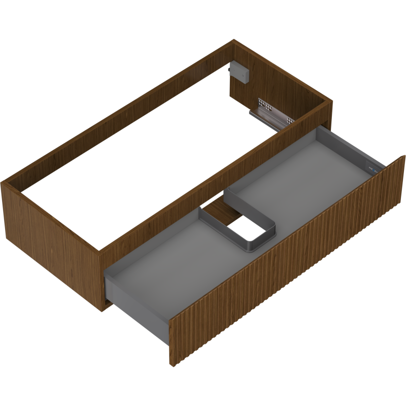 Servantskap uten vask i valnøtt med én skuff, riflet front og åpen topp, sett fra skrå vinkel.