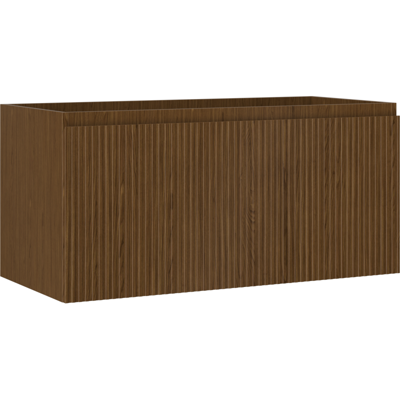 Servantskap 100 cm i valnøtt med riflet, glanset front og én skuff, sett skrått forfra.