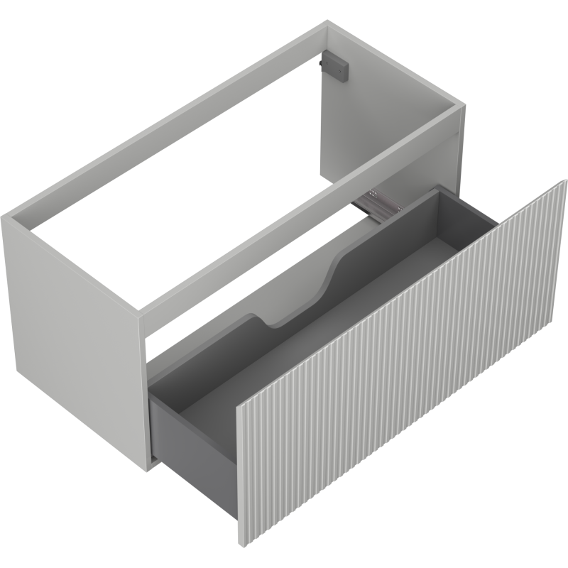 Servantskap uten vask 100 cm grå matt med riflet front, sett ovenfra, skuff med utsparing for avløpsrør.