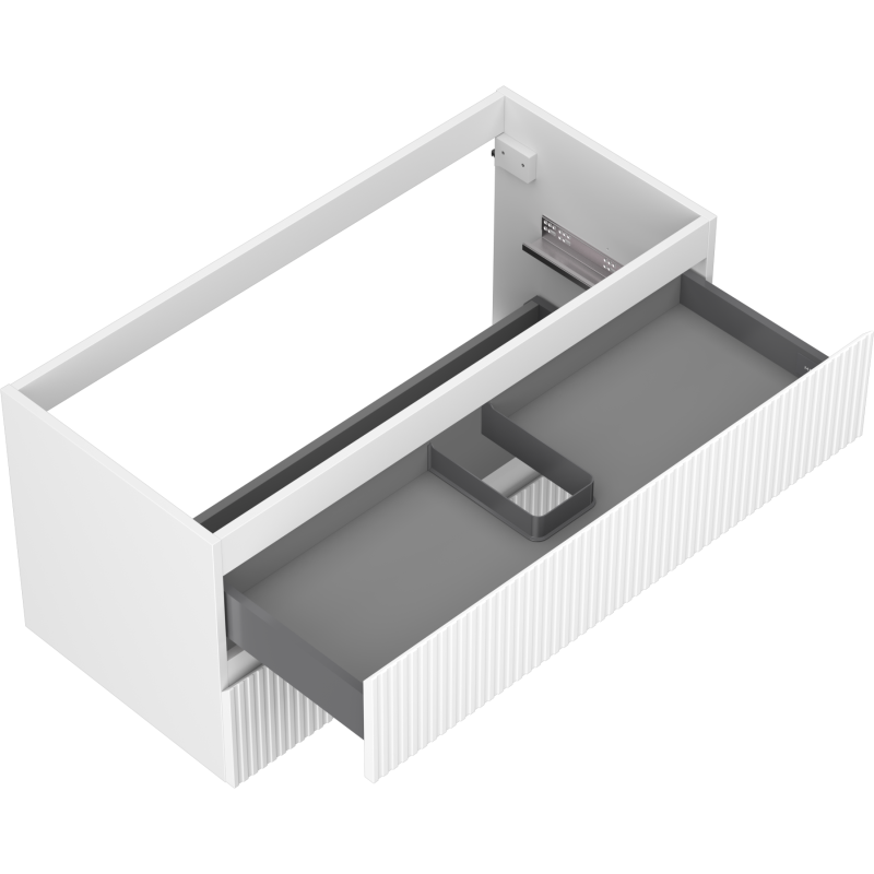 Servantskap uten vask 100 cm hvit matt med åpen grå skuff og vertikale riller sett ovenfra.