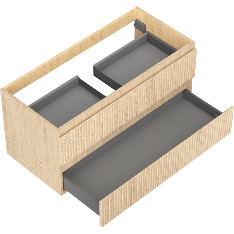 Servantskap til bad i eik med riflet front, to grå skuffer i ulike dybder, vist isometrisk ovenfra.