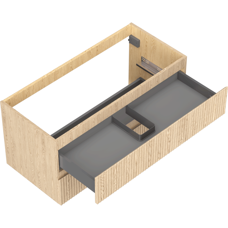 Servantskap uten vask 100 cm i eik med to åpne skuffer, riflet front og grå innvendig skuff.